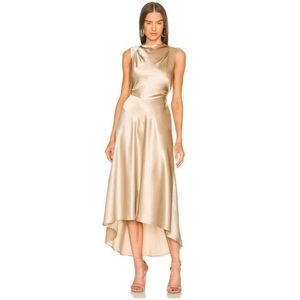 Saloni Jen Satin Sleek Champaign Sleeveless Cocktail Party Midi Dress